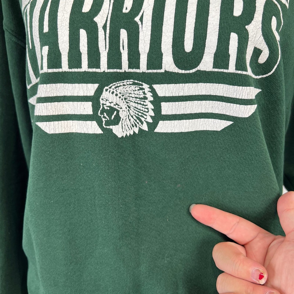 Vintage school sweater sweatshirt green and white Mossville Warriors Size Small - Picture 5 of 8